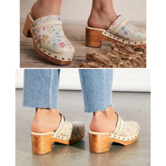 Free People Calabasas Boho Floral Round Toe Wooden Heel Clogs Shoes Size 38 - Picture 1 of 12